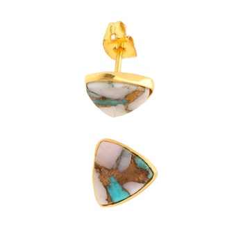 Handmade Copper Turquoise & Natural Pink Opal Trillion Cut Sterling Silver Gemstone Fine Stud Earrings Gold Plated Fine Jewelry