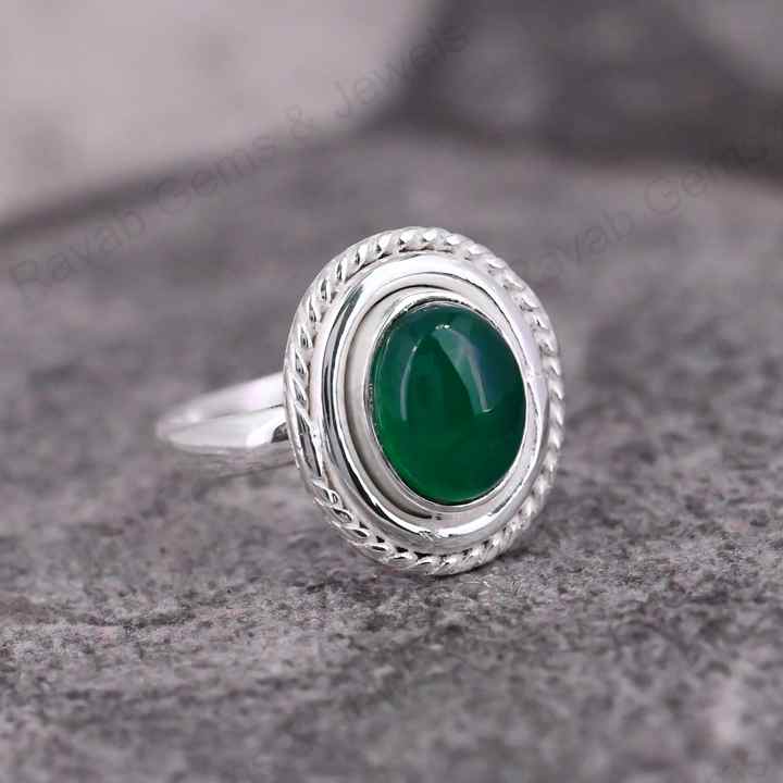 Natural Green Onyx Gemstone 8x10mm Solid 925 Sterling Silver Two Tone Bezel Setting Ring For Women Fine Handmade Jewelry