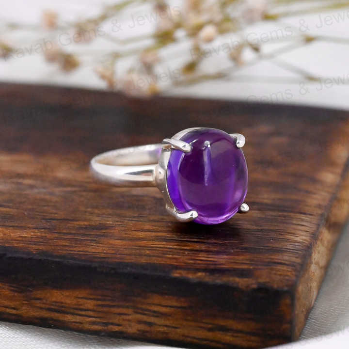 Top Selling 925 Silver Dainty Women Ring 10x14mm Oval Natural Purple Amethyst Handmade High Polished Prong Setting Fine Jewelry
