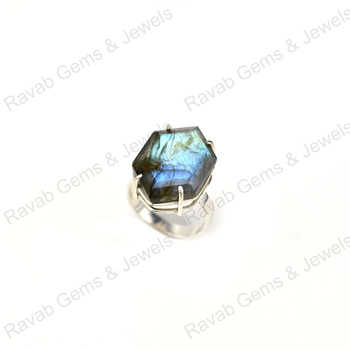 Superb Quality Solid 925 Sterling Silver Natural Flashy Labradorite Hexagon Shape Prong Ring Handmade Fine Jewelry for Women