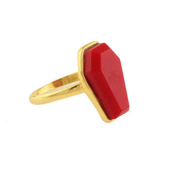 Top Quality 10x17mm Synthetic Red Coral Gemstone Bezel Handmade Sterling Silver 18K Gold Plated Coffin Dainty Ring for Women
