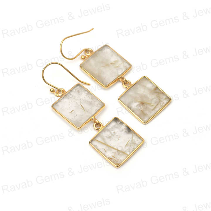 Superb Solid 925 Sterling Silver 10mm Natural Golden Rutile Square Flat Smooth 18k Gold Plated Dangle Drop Earring for Women