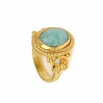 Hot Selling 10x14mm Amazonite Gemstone Bezel Ring for Women 18K Gold Plated Sterling Silver Bohemian Style Oval Shape Design