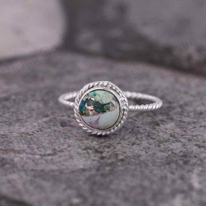 Best Quality Solid 925 Sterling Silver Natural Chrysocolla Copper 10mm Round Twisted Band Bezel Setting Ring Handmade Jewelry