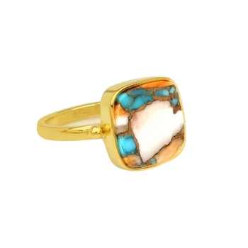 Handmade 12mm Cushion Mohave Spiny Oyster Copper Turquoise 925 Silver Vermeil Eternity Boho Style Women's Ring Navajo Jewelry
