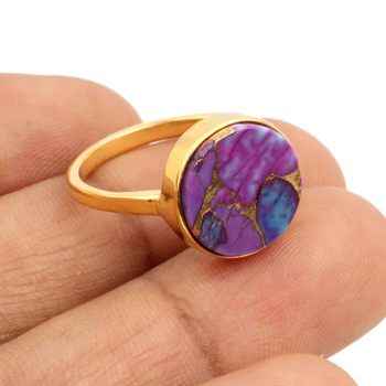 Best Selling 12mm Purple Copper Turquoise Gemstone 925 Sterling Silver 2.5 Micron Gold Vermeil Handmade Ring Women Fine Jewlery