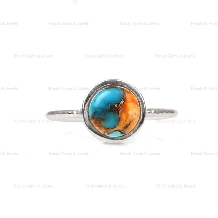 Hot Selling 10mm Mohave Spiny Oyster Copper Turquoise Bezel Handmade Dainty 925 Sterling Silver Ring for Women Fine Jewelry