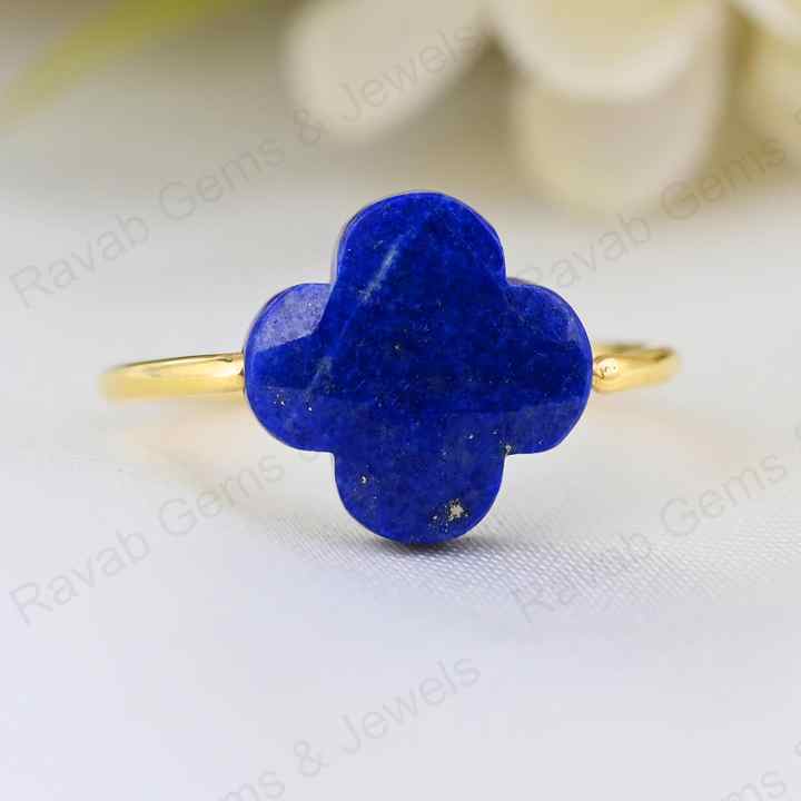 Best Selling Natural Lapis Lazuli Clover Flower Shape Gemstone Solid 925 Silver 18k Gold Plated Rotating Women Ring Fine Jewelry