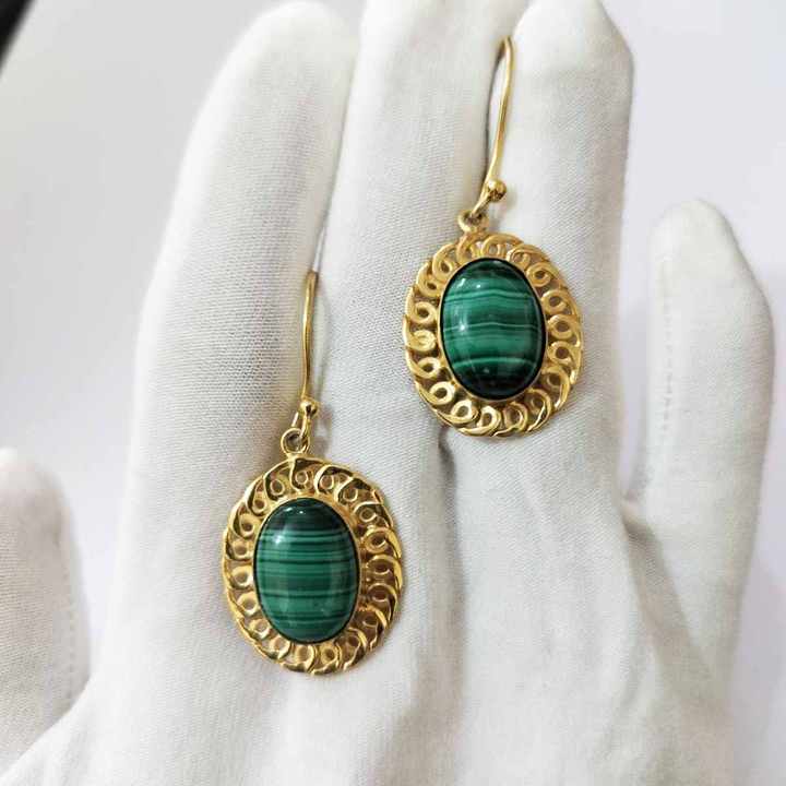 Top Quality Genuine Green Malachite 10x14mm Oval Shape Bezel Setting Solid 925 Sterling Silver 14k Gold Plated Dangle Earring