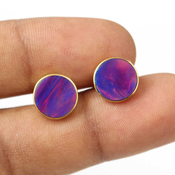 High Selling 18K Gold 925 Sterling Silver Stud Earrings Handcrafted Flat Solid Synthetic Purple Opal Gemstone for Party Fine
