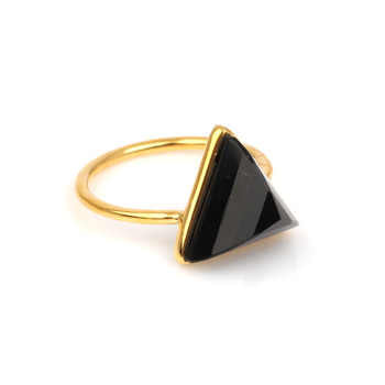 Hot Selling 12mm Natural Black Onyx Gemstone Bezel Sterling Silver 18k Gold Plated Triangle Pyramid Cut Ring for Women Jewelry