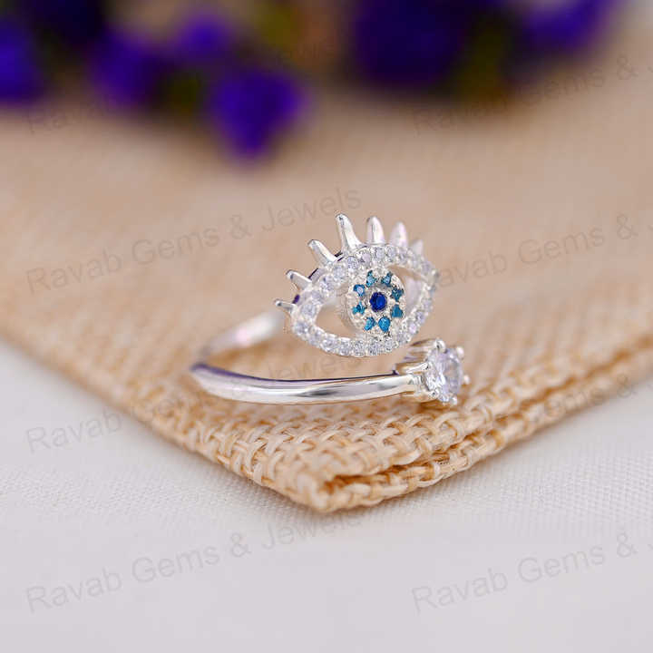 Best Selling Handmade 925 Sterling Silver Pave Zircon Lucky Eye Turkish Adjustable Prong Women Ring Minimalist Fine Jewelry