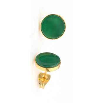 Impressive 18K Gold Plated Onyx Gemstone Stud Earrings 925 Sterling Silver Jewelry With Natural Green Round Shape Fine Design