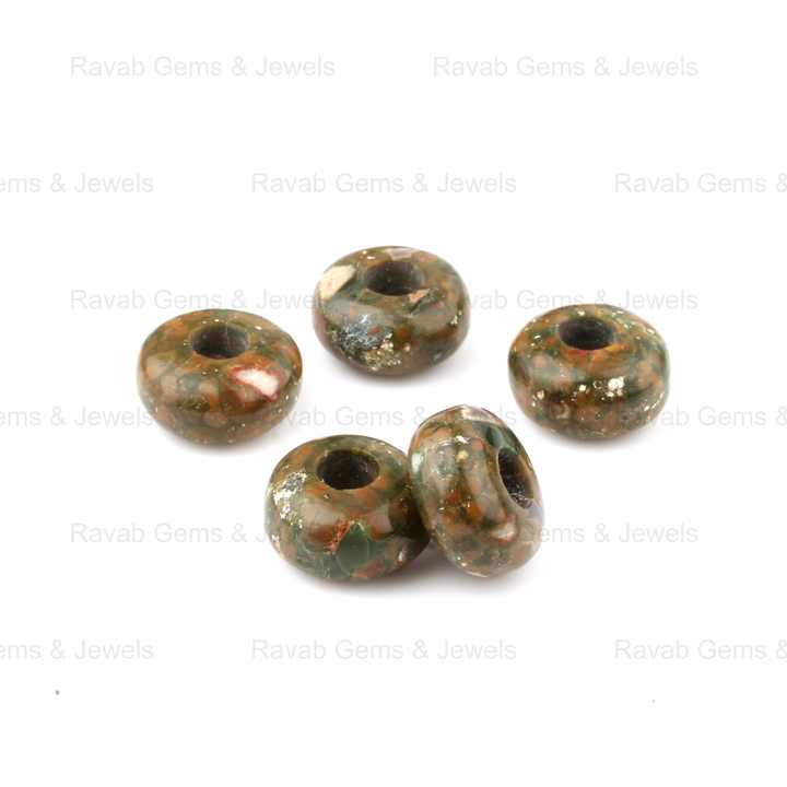 High Quality 14x8mm Rondelle Briolette Natural Smooth Rhyolite Rainforest Jasper Big Hole Gemstone Beads for Making Jewelry
