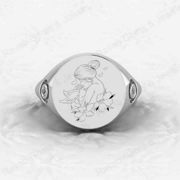 New Arrival Solid 925 Sterling Silver Engraved Style CZ Mother Holding Baby Signet Ring for Men's Fine Handmade Jewelry