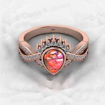 Women's High Quality 18K Gold Plated 925 Silver Crown Ring 6x8mm Pink Spiny Oyster Pear Gemstone with Twisted CZ Fine Jewelry