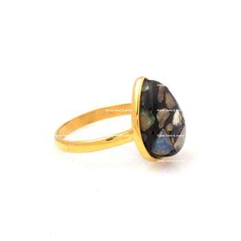Beautiful 10x14mm Pear-Shaped Ethiopian Opal Copper Gemstone Gold Plated Silver Dainty Cocktail Ring for Bridesmaids