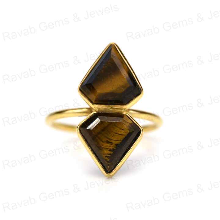 Top Quality Solid 925 Sterling Silver Natural Tiger's Eye Fancy Cut 10x14mm Bezel Setting 18k Gold Filled Fine Ring for Women
