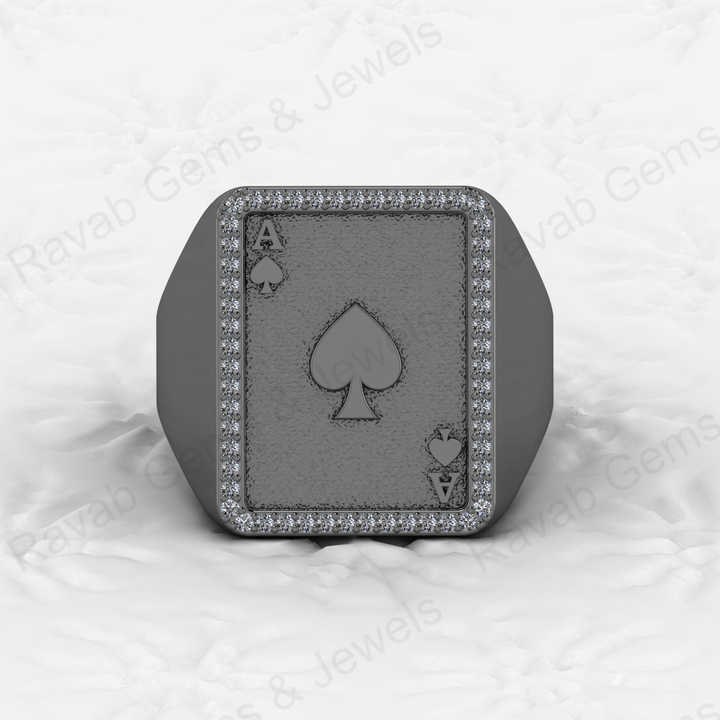 Top Selling Men's 925 Silver Accented Playing Card Gambler Ace Black Spade Signet Embossed Ring Zircon Diamond Motorhead Jewelry