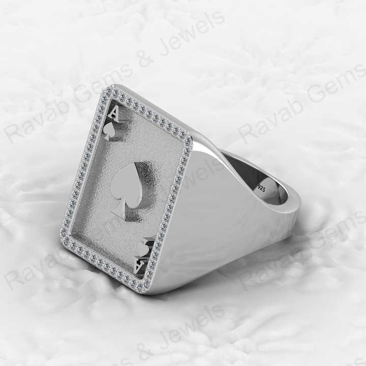 Top Selling Men's 925 Silver Accented Playing Card Gambler Ace Black Spade Signet Embossed Ring Zircon Diamond Motorhead Jewelry