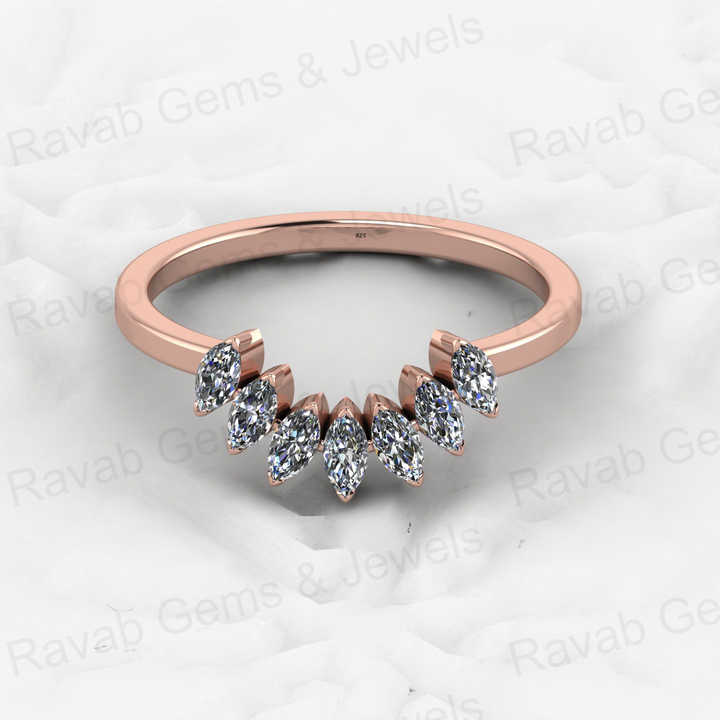 Genuine 925 Sterling Silver 2x4mm Marquise CZ Diamond Eternity Band 18K Gold Vermeil Wishbone Minimalist Women's Wedding Ring