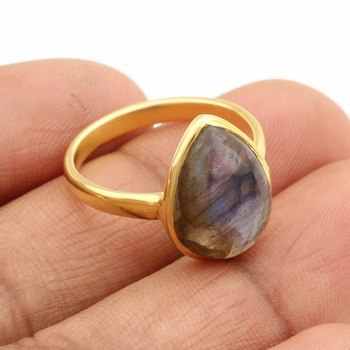 Top Selling 18K Gold Plated Birthstone Ring Her Fine Jewelry Featuring 10x14mm Natural Labradorite Pear Gemstone Bezel Setting