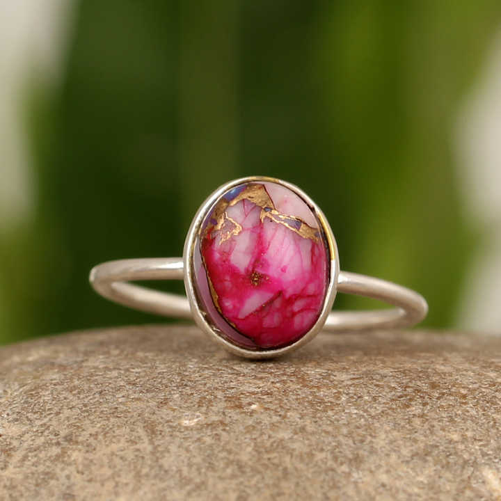 New Arrival Sale Pink Spiny Oyster Turquoise Oval 10x14mm Solid 925 Sterling Silver Handmade Fine Dainty Ring Women Jewelry