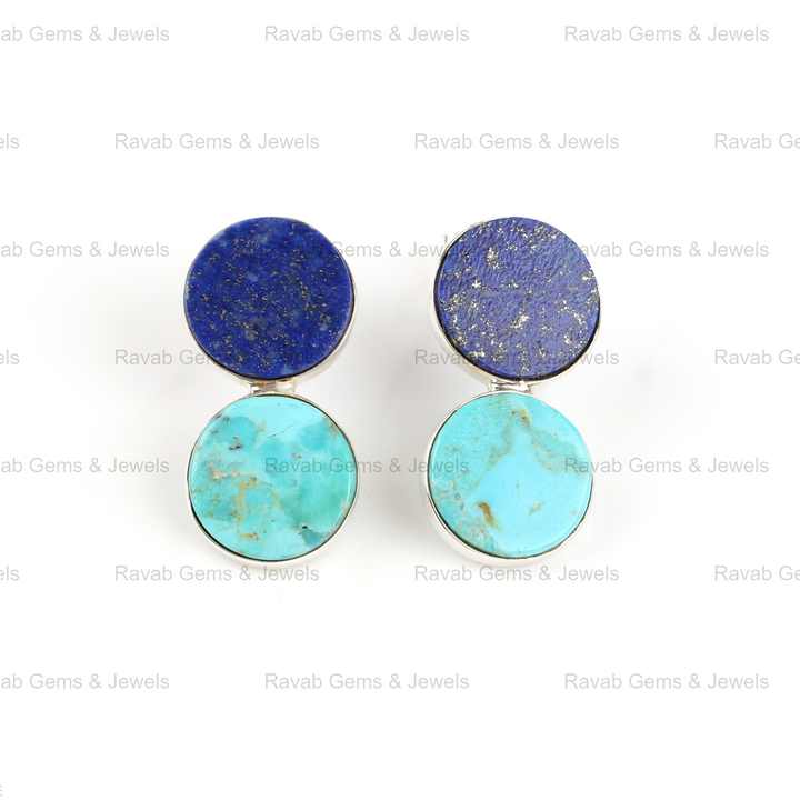 Top Selling 10mm Turquoise & Lapis Lazuli Coin Gemstone Stud Earrings Genuine 925 Sterling Silver Unisex Fine Jewelry for Women