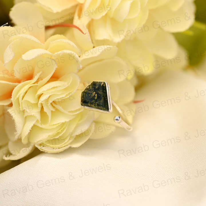Superb Quality Natural Green Moss Agate Ring Sterling 925 Silver 10x10mm Faceted Bezel Setting Adjustable Ring for Fine Women
