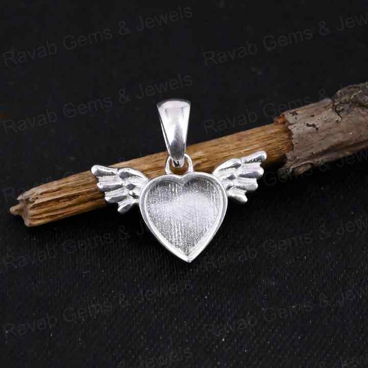 Genuine 925 Sterling Silver 8mm Heart With Angel Wings Semi Mounting Pendant Blank Setting for Resin & Ashes Work DIY Jewelry