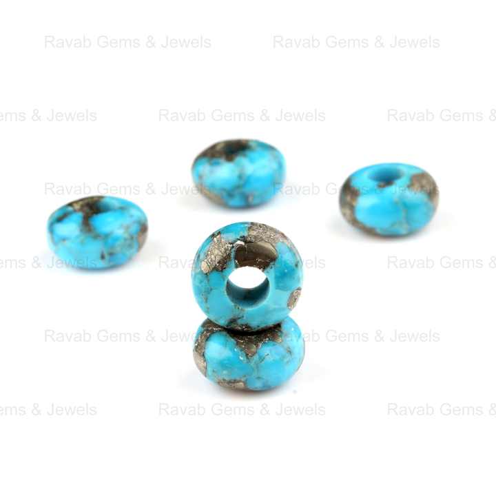 14x8mm Natural Polished Pyrite Turquoise Rondelle Shape Smooth Big Hole Size Briolette Gemstone Beads for Making Jewelry