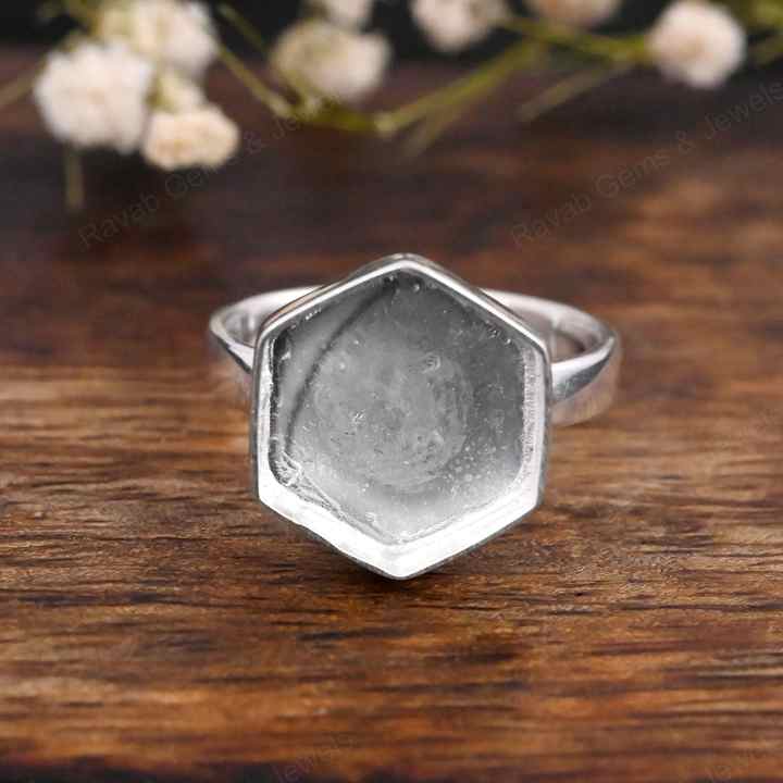 Solid 925 Sterling Silver Hexagon Shape 10mm Bezel Setting Semi-Mount Blank Setting Ring Good For Resin & Ashes Work DIY Jewelry