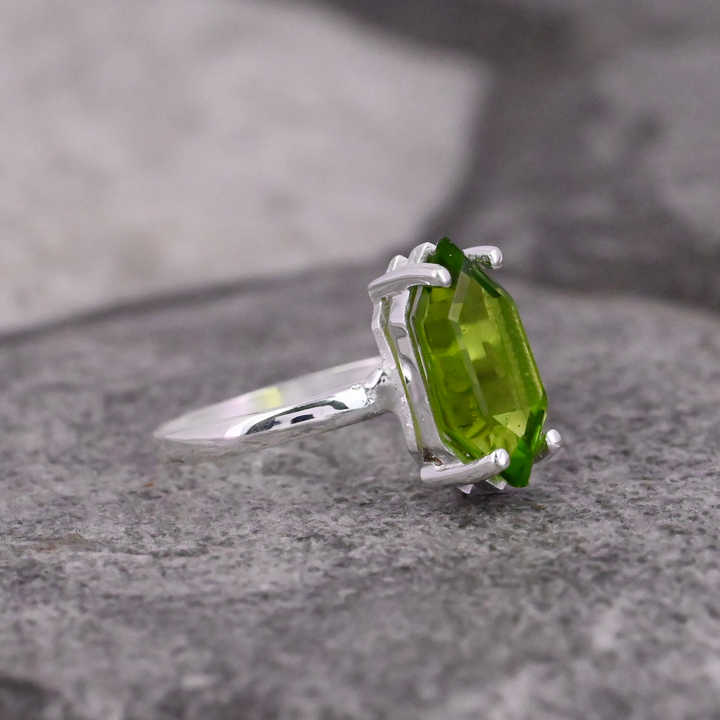 Superb Quality Solid 925 Sterling Silver Green Peridot Hydro Hexagon Shape 12x16mm Prong Setting Ring For Women Fine Jewelry