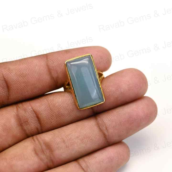 Best Selling 10x20mm Blue Chalcedony Stone 925 Silver Gold Vermeil Eternity Handmade Rectangle Bezel Women's Ring Fine Jewelry