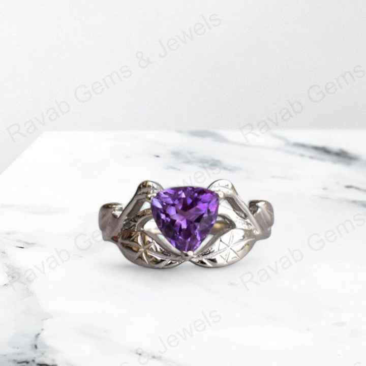 Best Quality Solid 925 Sterling Silver Natural Purple Amethyst 10mm Trillion Cut Leaf Design Ring for Women Handmade Jewelry