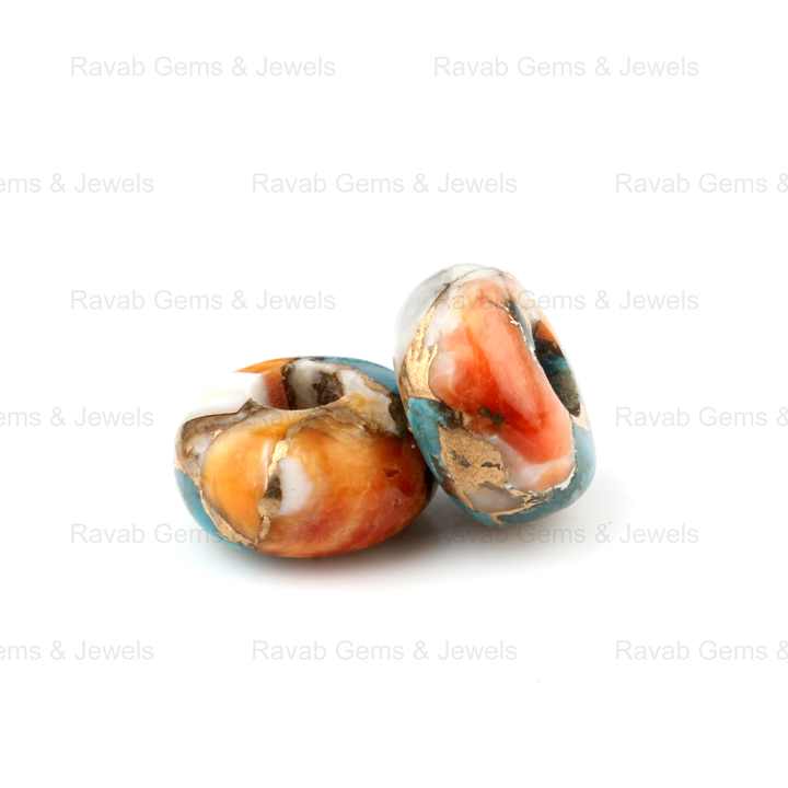 14x8mm Rondelle Big Hole Natural Smooth Spiny Oyster Turquoise Copper Composite Briolette Gemstone Beads for Jewelry Making