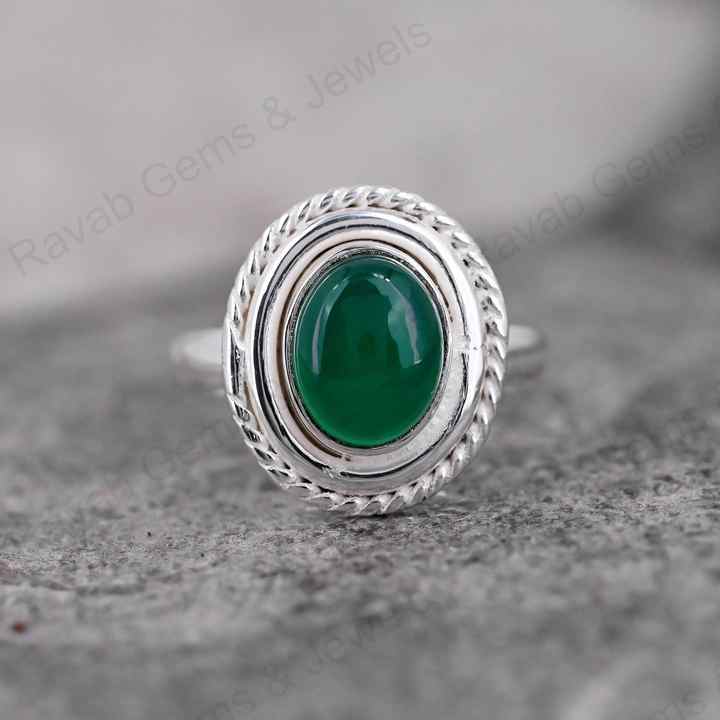 Natural Green Onyx Gemstone 8x10mm Solid 925 Sterling Silver Two Tone Bezel Setting Ring For Women Fine Handmade Jewelry