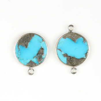 Natural Pyrite Turquoise 12mm Gemstone Jewellery Handmade Sterling Silver Round Coin Charm Connector for Pendant and Necklace