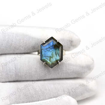 Superb Quality Solid 925 Sterling Silver Natural Flashy Labradorite Hexagon Shape Prong Ring Handmade Fine Jewelry for Women