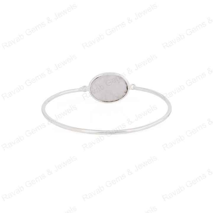Genuine 925 Sterling Silver Natural Rainbow Moonstone Checker Cut 10x14mm Bezel Setting Front Open Lock Fine Bangle Bracelet