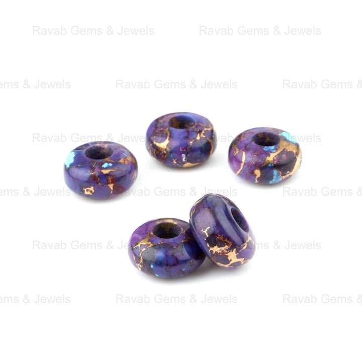 14x8mm Natural Smooth Mohave Purple Turquoise Copper Composite Briolette Rondelle Big 5mm Hole Gemstone Beads for Jewelry Making