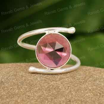 High Quality 925 Sterling Silver Handmade 12mm Rose Cut Pink Tourmaline Quartz Ring Latest Designer Trending Fine Party Ring for