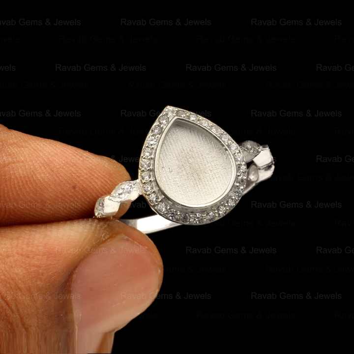 Genuine 925 Sterling Silver 8x10mm Pear Half Eternity With CZ Semi Mount Blank Bezel Setting Ring for Gemstone Ashes & Resign