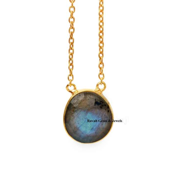 Top Selling Genuine 14x15mm Labradorite Gemstone 18k Gold Plated Sterling Silver Dainty Chain Organic Shape Necklace for Women
