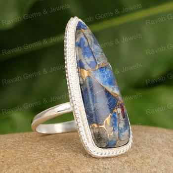 Best Selling 925 Sterling Silver Women's Designer Cocktail Ring Genuine Lapis Lazuli Copper Trillion Shape 10x20mm Fine Jewelry