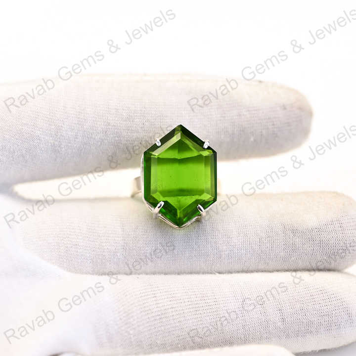 New Arrival Top Quality Solid 925 Sterling Silver Green Peridot Quartz Hexagon Cut Shape Ring for Women Fine Handmade Jewelry