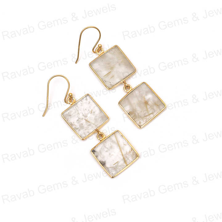 Superb Solid 925 Sterling Silver 10mm Natural Golden Rutile Square Flat Smooth 18k Gold Plated Dangle Drop Earring for Women