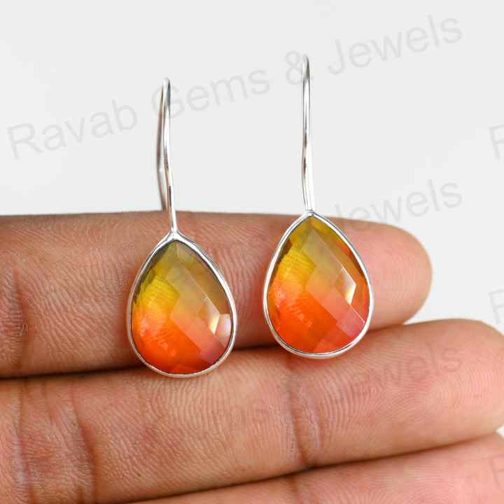Best Quality Solid 925 Sterling Silver Watermelon Tourmaline Quartz Pear Checker Cut Dangle Drop Earring for Women Fine Jewelry