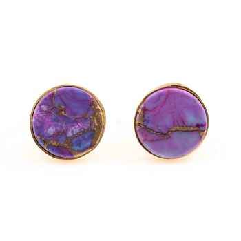 Best Selling 10mm Mohave Purple Copper Turquoise Gemstone Bezel 18K Gold Plated Dainty Sterling Silver Fine Stud Earrings Women