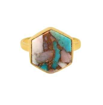 Best Selling 925 Silver Women's Fine 12mm Ring Natural Mohave Pink Opal Set Copper Turquoise Gemstone Bezel Dainty Design Party